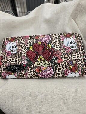 Ed Hardy Pink Leopard Floral Skull Zip Wallet with Red Crystal Hearts